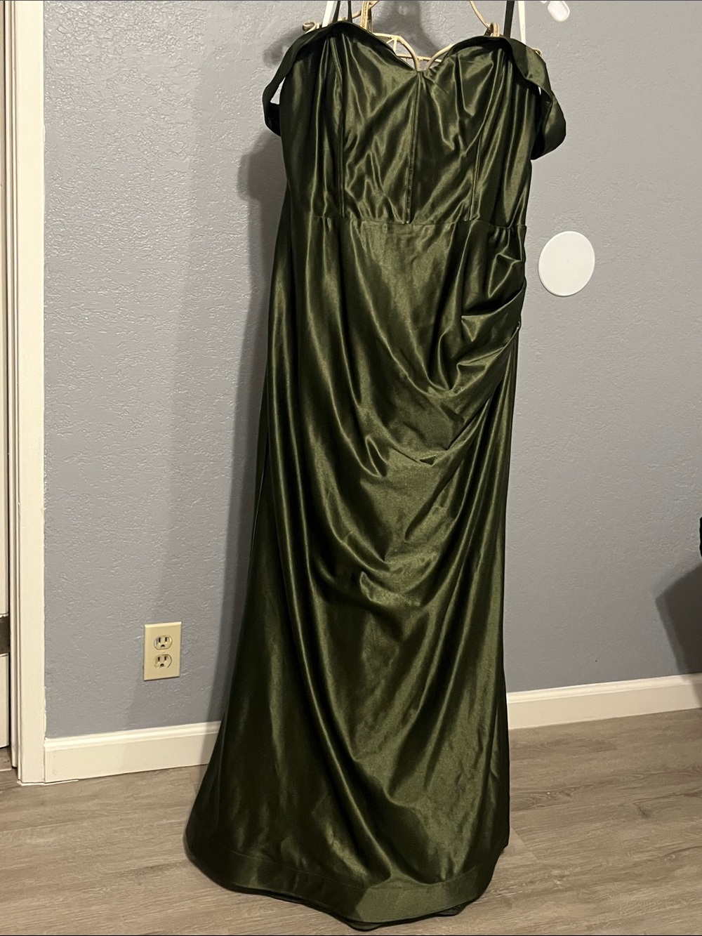 Satin Olive Green Off-Shoulder Maxi Dress